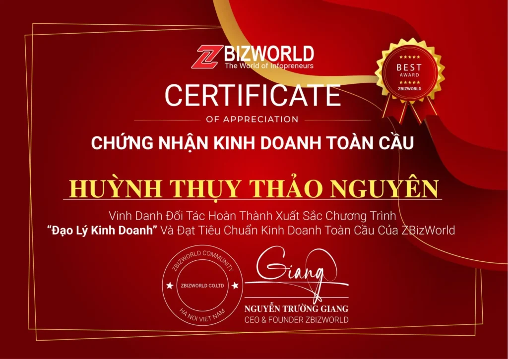 Chứng nhận Đạo Lý Kinh Doanh của Huỳnh Thuỵ Thảo Nguyên